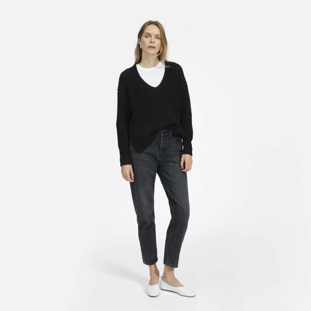 Everlane The Texture Cotton V-Neck Heavy Knit Black Sweater - Size - Medium